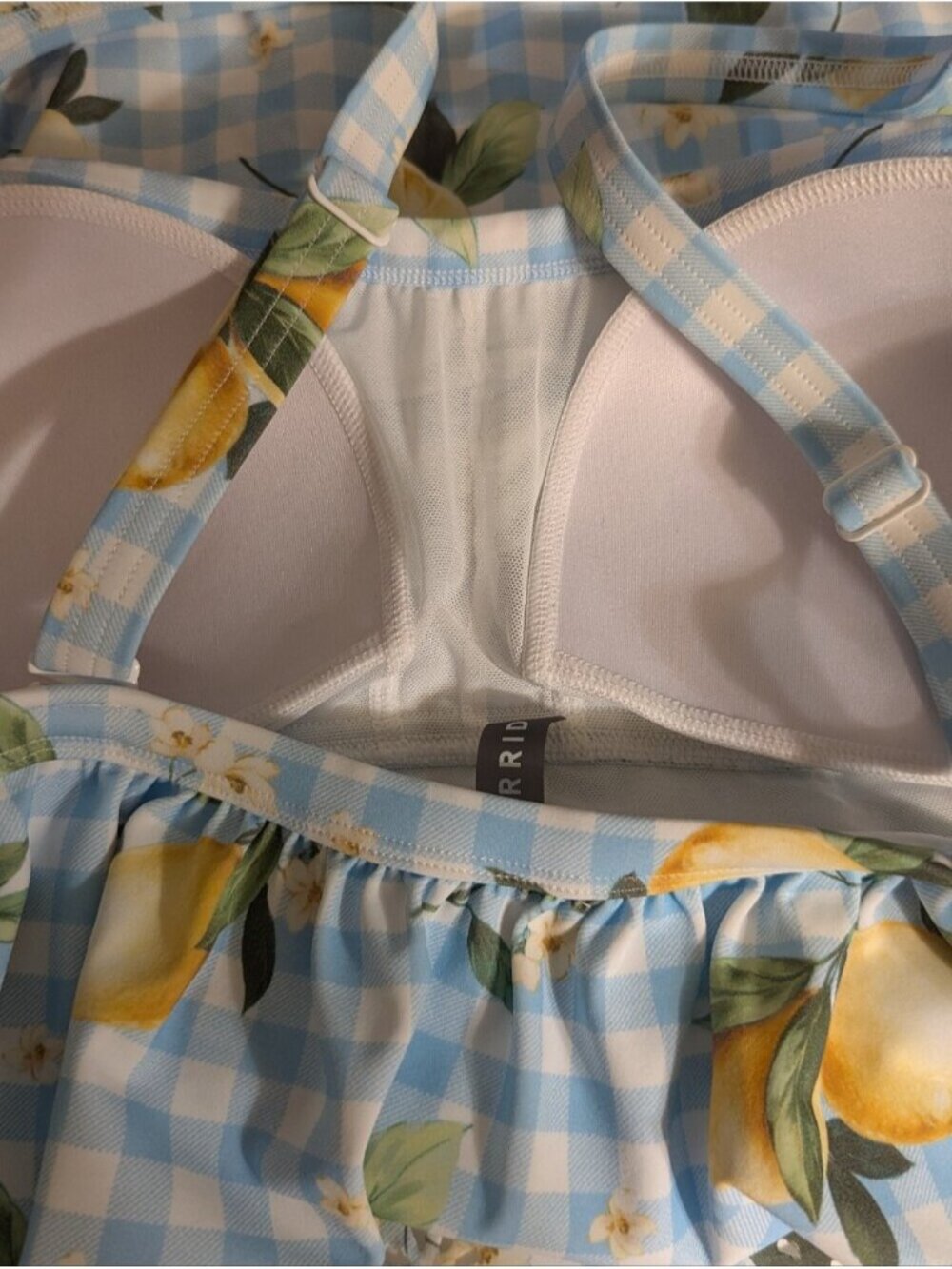 Torrid Retro Chic Off-Shoulder One Piece Swimsuit lemons light blue plaid Sz 0x - Picture 8 of 13